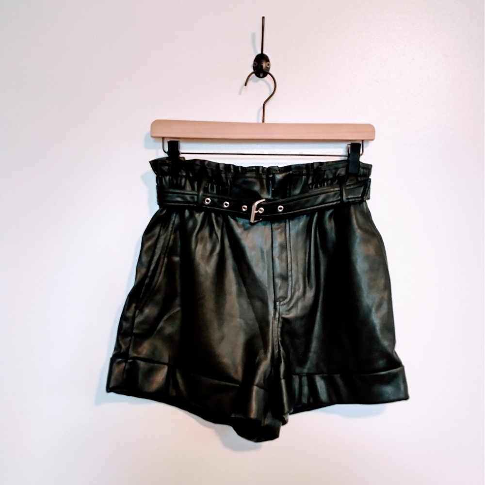 Mng faux leather paperbag black shorts. High waisted with matching belt size sm